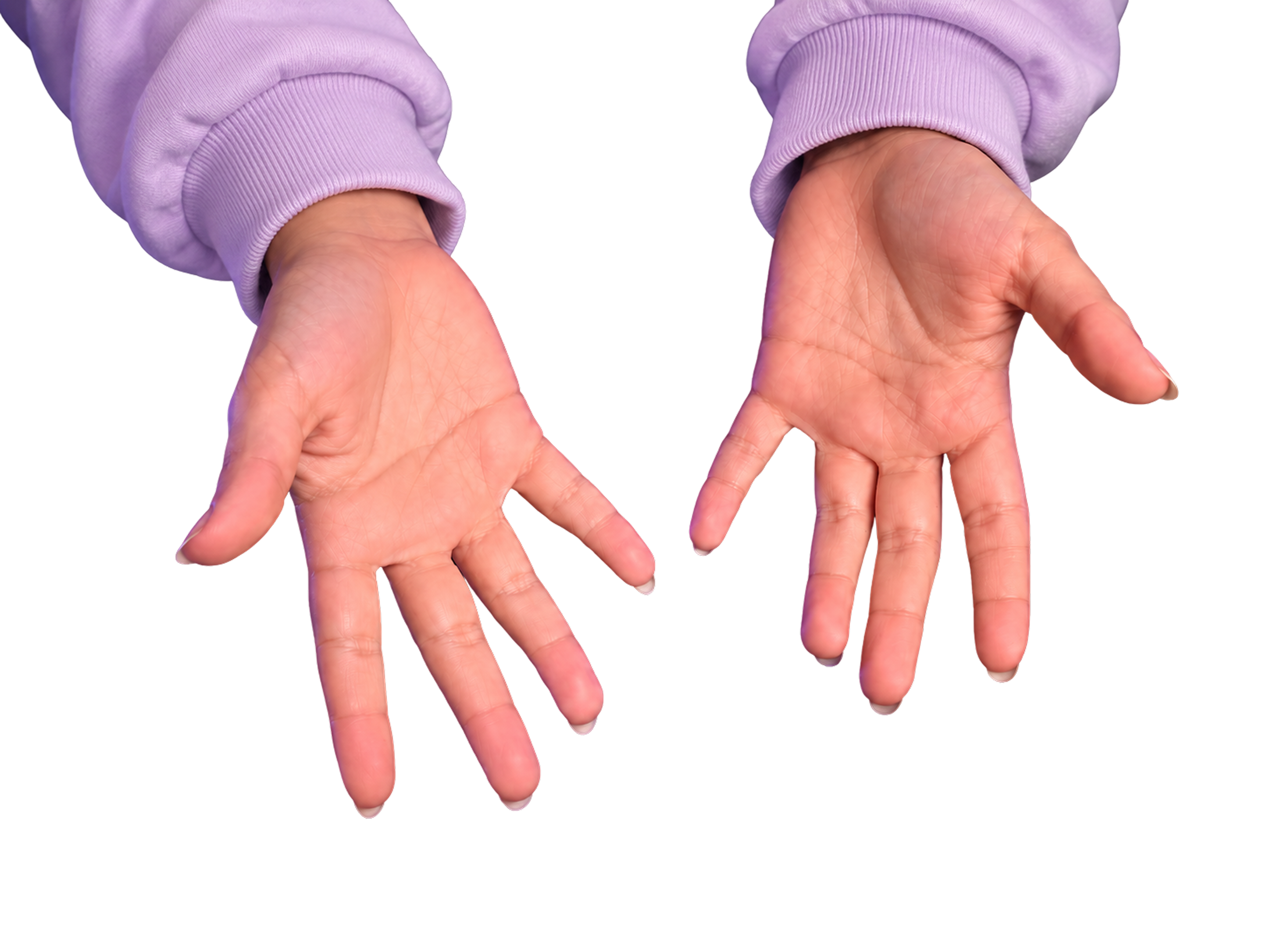 Two open hands in pastel lavender sleeves